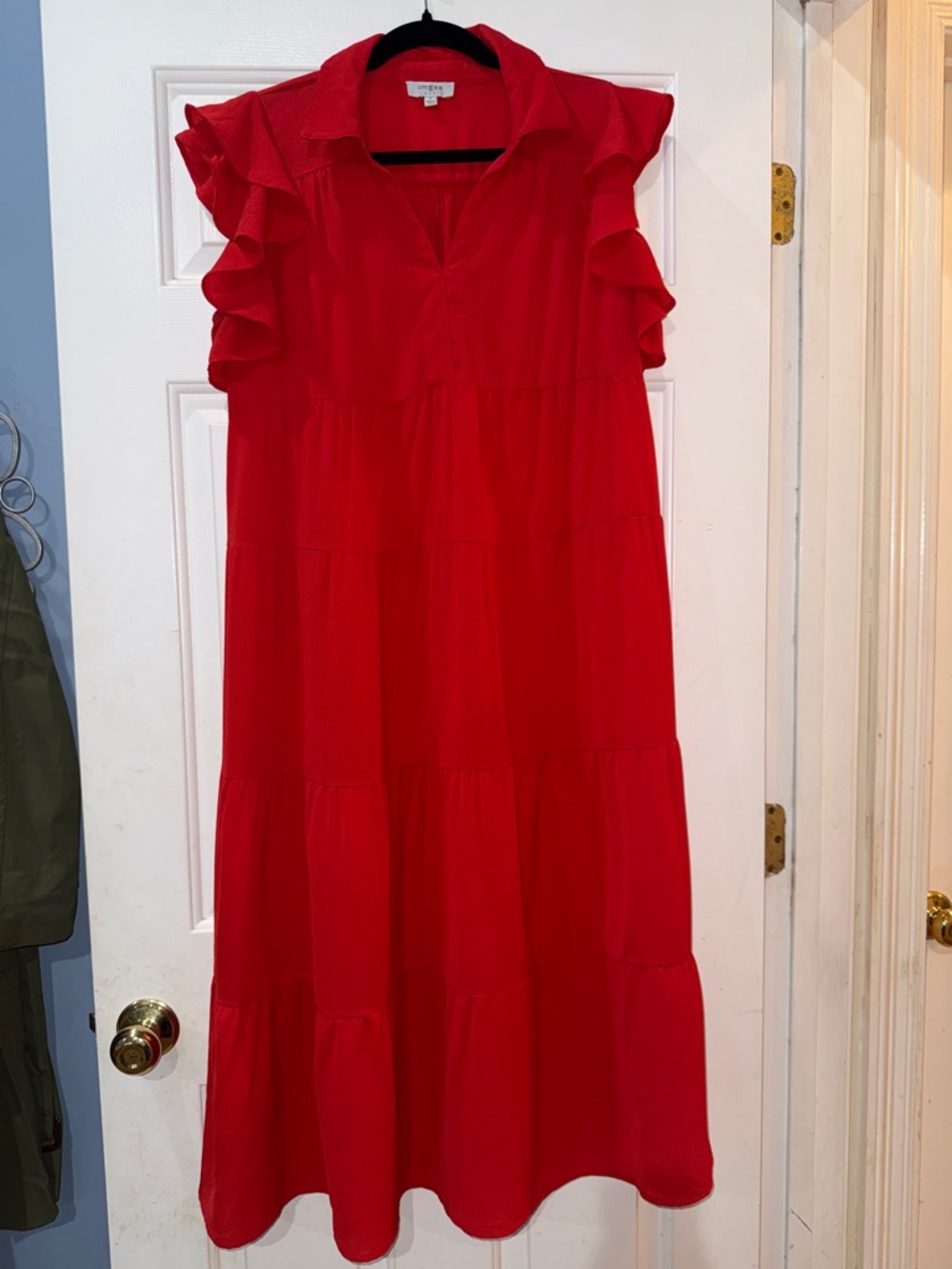 Umgee Red Collared V-Neck Midi Dress with Flutter Sleeves